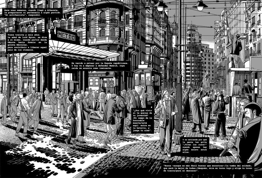 Ilustración que muestra un desfile de brigadistas por la Gran Vía de Madrid durante la guerra civil española, en 1936