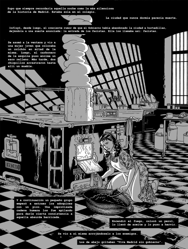 Ilustración de una cocinera preparándose para el ataque del frente nacional en Madrid durante la guerra civil española, en1936