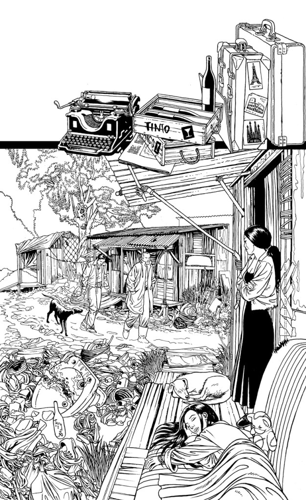 Ilustración de portada para La Grande de Juan José Saer que muestra las diferencias sociales en la Argentina del siglo XX, dos burgueses caminan por un barrio de chabolas