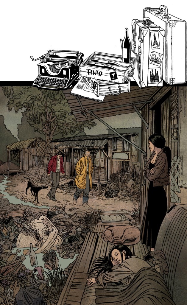 Ilustración de portada para La Grande de Juan José Saer que muestra las diferencias sociales en la Argentina del siglo XX, dos burgueses caminan por un barrio de chabolas