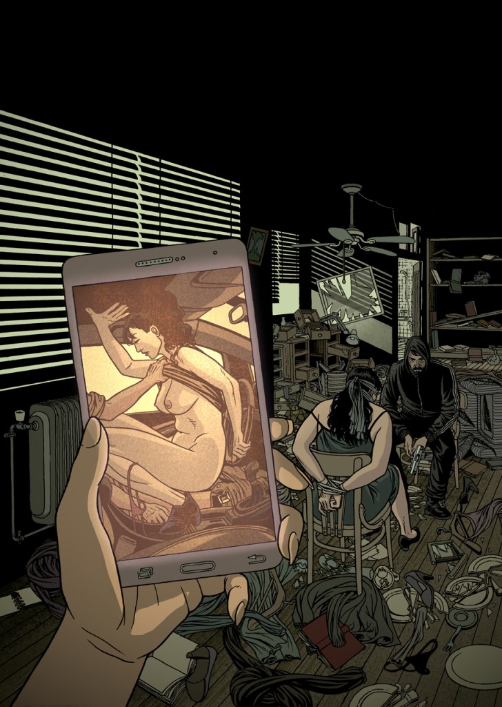 ilustración de portada para la novela negra Nada sucio de Lorenzo Silva y Noemí Trujillo dentro de la serie de la detective privado Sonia Ruiz, la ilustración muestra un chantaje mediante un vídeo grabado con un teléfono móvil en el que se ve a una mujer manteniendo sexo en un coche y, por otra parte, el secuestro de una mujer amordazada y atada a la que intimida un encapuchado con una pistola