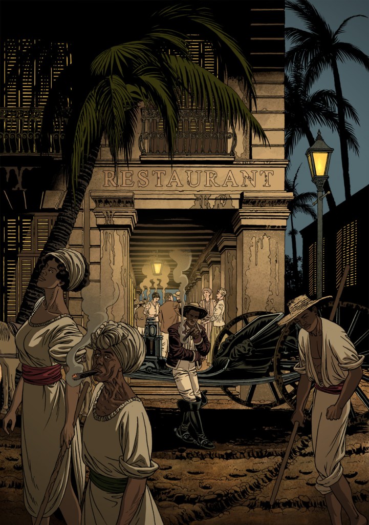 Ilustracion historica para la portada de la novela de Alfonso Mateo Sagasta que muestra las diferencias sociales entre esclavos y ricos en la cuba del siglo XIX