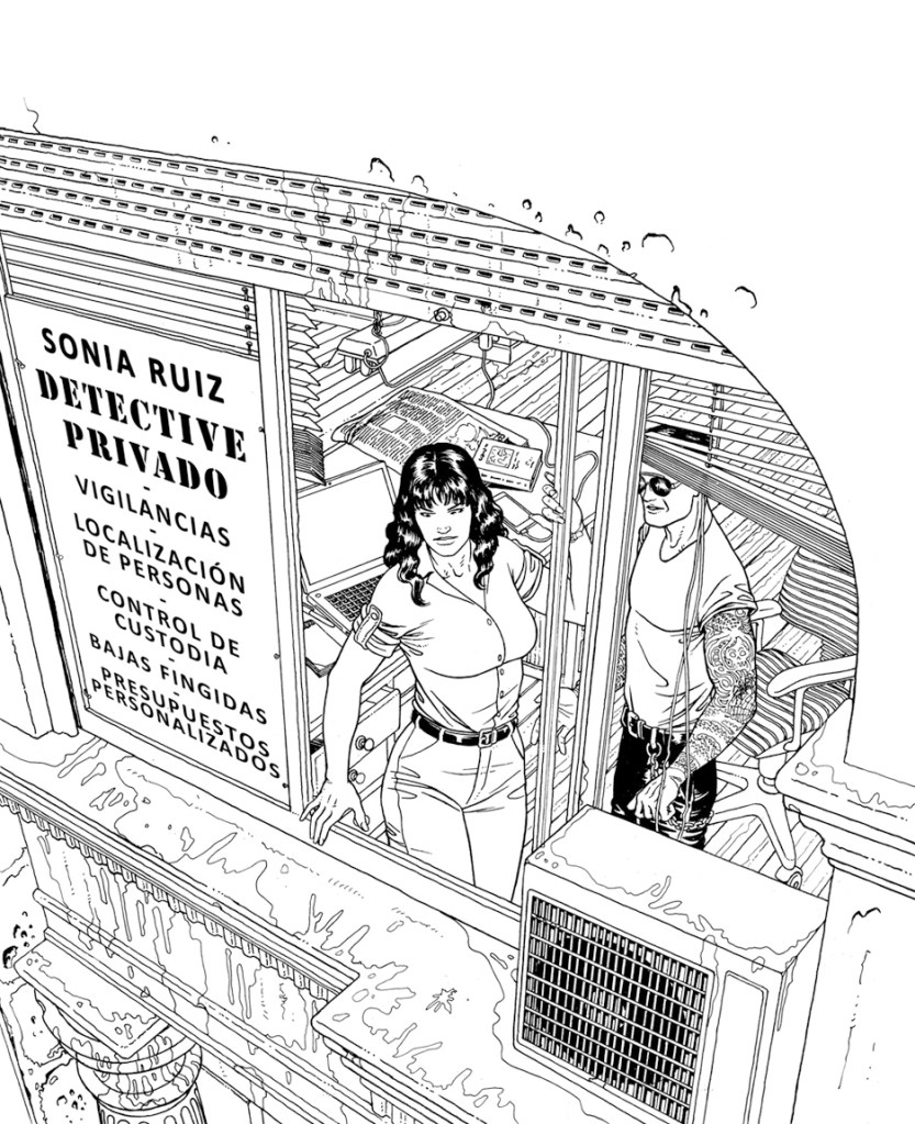 Ilustracion a a tinta para la cubierta de la novela "El Club de la Élite" de Esteban navarro